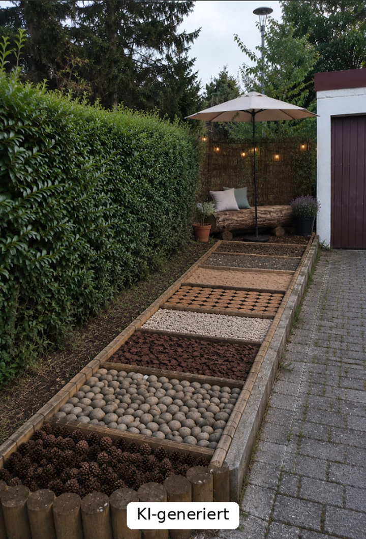 Barfußpfad entlang der Hecke im Hopfengarten